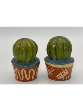 Cactus-Shaped Ceramic Salt & Pepper Shakers Hand-Painted Terracotta Pots 3.25"